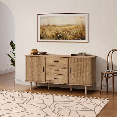 LuxenHome Oak Finish MDF Wood 3-Drawer Sideboard Cabinet with Sliding Doors & Rounded Corners