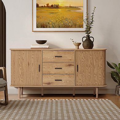 LuxenHome Oak Finish MDF Wood 3-Drawer Sideboard Cabinet with Sliding Doors & Rounded Corners