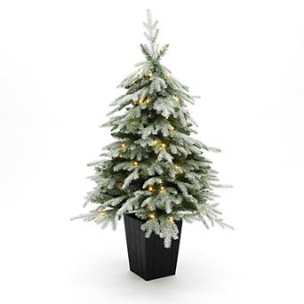LuxenHome 4.4Ft Pre-Lit Green Branches Lightly Flocked Artificial Christmas Tree Potted