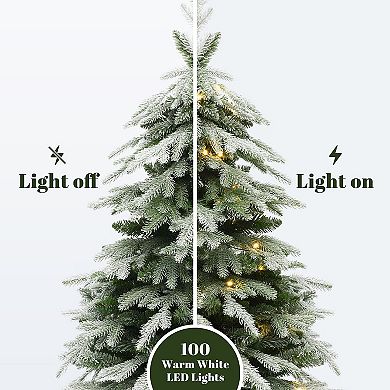 LuxenHome 4.4Ft Pre-Lit Green Branches Lightly Flocked Artificial Christmas Tree Potted