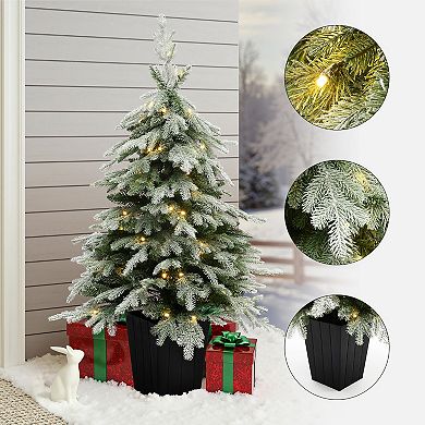 LuxenHome 4.4Ft Pre-Lit Green Branches Lightly Flocked Artificial Christmas Tree Potted