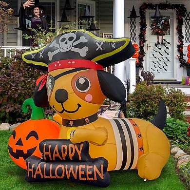 GOOSH 5FT Inflatable Pirate Dog with Pumpkin Light-Up Happy Halloween Yard Decoration