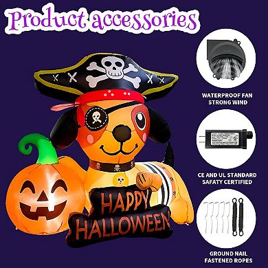 GOOSH 5FT Inflatable Pirate Dog with Pumpkin Light-Up Happy Halloween Yard Decoration