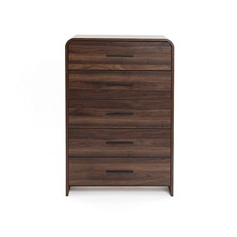LuxenHome Modern Walnut Finish 5-Drawer Chest, Engineered Wood Storage Dresser with Rounded Corners
