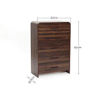 LuxenHome Modern Walnut Finish 5-Drawer Chest, Engineered Wood Storage Dresser with Rounded Corners