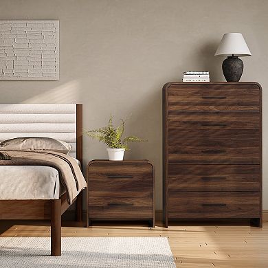 LuxenHome Modern Walnut Finish 5-Drawer Chest, Engineered Wood Storage Dresser with Rounded Corners