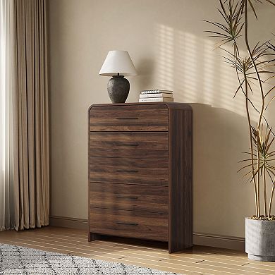 LuxenHome Modern Walnut Finish 5-Drawer Chest, Engineered Wood Storage Dresser with Rounded Corners