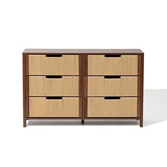 LuxenHome Walnut Finish MDF Wood with Rope Front 6-Drawer Horizontal Dresser