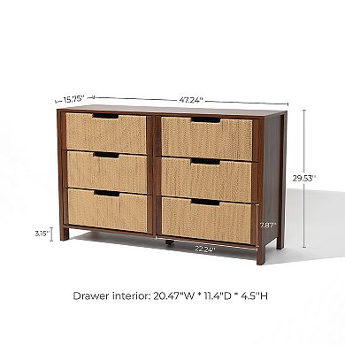 LuxenHome Walnut Finish MDF Wood with Rope Front 6-Drawer Horizontal Dresser