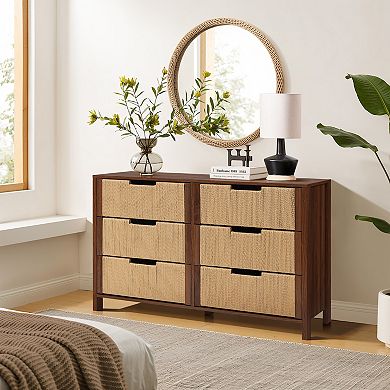 LuxenHome Walnut Finish MDF Wood with Rope Front 6-Drawer Horizontal Dresser