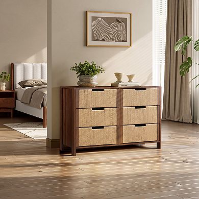 LuxenHome Walnut Finish MDF Wood with Rope Front 6-Drawer Horizontal Dresser