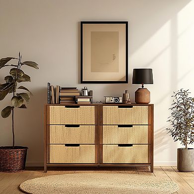 LuxenHome Walnut Finish MDF Wood with Rope Front 6-Drawer Horizontal Dresser