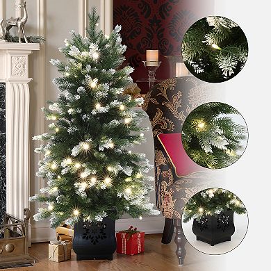LuxenHome 4Ft Pre-Lit Green and Flocked Artificial Christmas Tree in Black Planter Pot