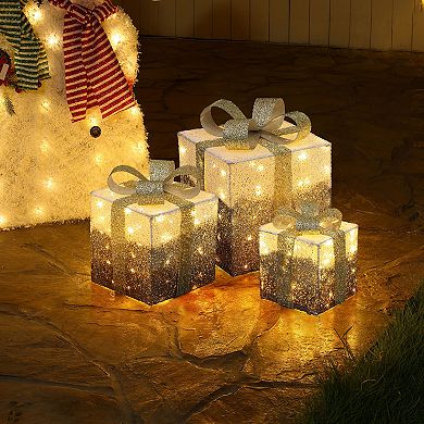 LuxenHome 3-Piece Pre-Lit White Crackle Gift Box Set with Timer