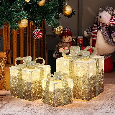 LuxenHome 3-Piece Pre-Lit White Crackle Gift Box Set with Timer
