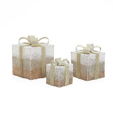 LuxenHome 3-Piece Pre-Lit White Crackle Gift Box Set with Timer