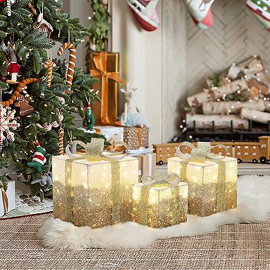 LuxenHome 3-Piece Pre-Lit White Crackle Gift Box Set with Timer