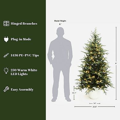 LuxenHome 6Ft Pre-Lit Artificial Spruce Christmas Tree in White Pot, Hinged Branches & Warm Lights