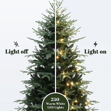 LuxenHome 6Ft Pre-Lit Artificial Spruce Christmas Tree in White Pot, Hinged Branches & Warm Lights
