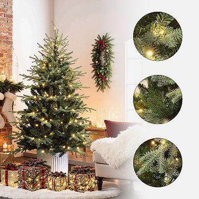 LuxenHome 6Ft Pre-Lit Artificial Spruce Christmas Tree in White Pot, Hinged Branches & Warm Lights