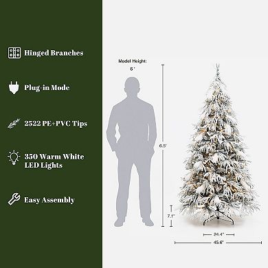 LuxenHome 6.5Ft Pre-Lit Flocked Sweeping Branches Artificial Christmas Tree with Metal Stand