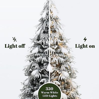 LuxenHome 6.5Ft Pre-Lit Flocked Sweeping Branches Artificial Christmas Tree with Metal Stand