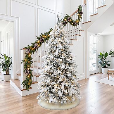 LuxenHome 6.5Ft Pre-Lit Flocked Sweeping Branches Artificial Christmas Tree with Metal Stand