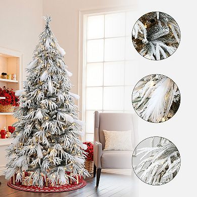 LuxenHome 6.5Ft Pre-Lit Flocked Sweeping Branches Artificial Christmas Tree with Metal Stand