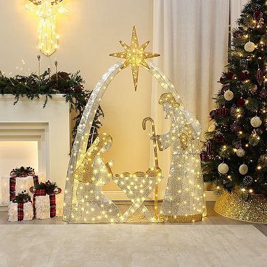 LuxenHome 3.6Ft x 5Ft White Nativity Scene Outdoor Holiday Decoration with Lights