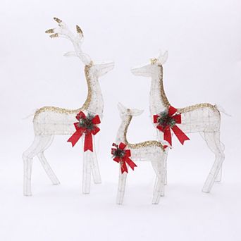 LuxenHome Lighted White & Gold Glitter Deer Family Set, Indoor/Outdoor Christmas Decoration