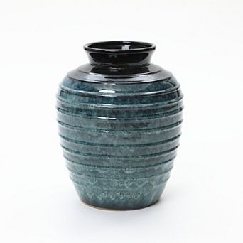 LuxenHome Rippled Blue with Brown 15.75-Inch Tall Round Ceramic Vase, Decorative Home Accent