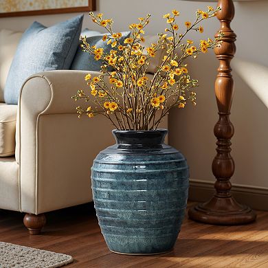 LuxenHome Rippled Blue with Brown 15.75-Inch Tall Round Ceramic Vase, Decorative Home Accent