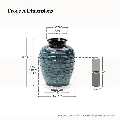 LuxenHome Rippled Blue with Brown 15.75-Inch Tall Round Ceramic Vase, Decorative Home Accent