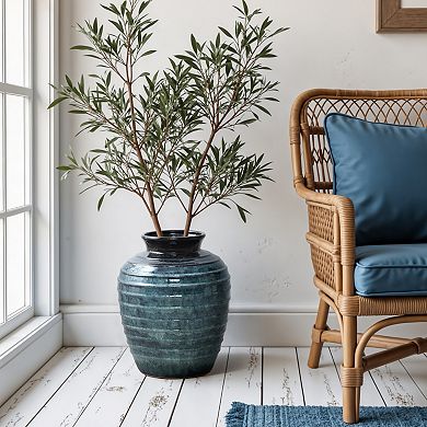 LuxenHome Rippled Blue with Brown 15.75-Inch Tall Round Ceramic Vase, Decorative Home Accent