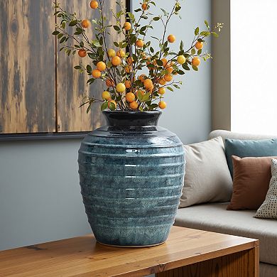 LuxenHome Rippled Blue with Brown 15.75-Inch Tall Round Ceramic Vase, Decorative Home Accent