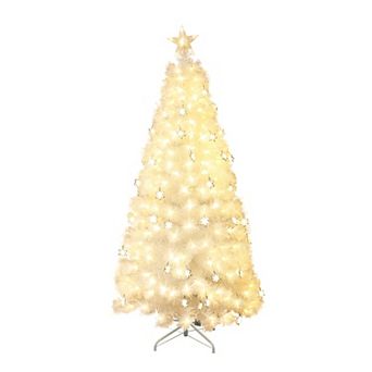 LuxenHome 6Ft White Fiber Optic Christmas Tree with Snowflake Lights, Holiday Centerpiece Décor