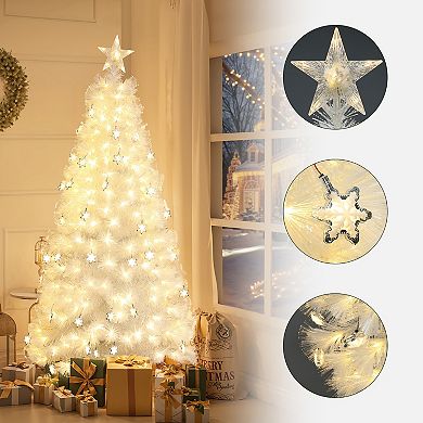 LuxenHome 6Ft White Fiber Optic Christmas Tree with Snowflake Lights, Holiday Centerpiece Décor