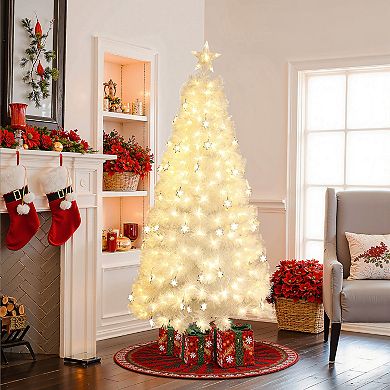 LuxenHome 6Ft White Fiber Optic Christmas Tree with Snowflake Lights, Holiday Centerpiece Décor