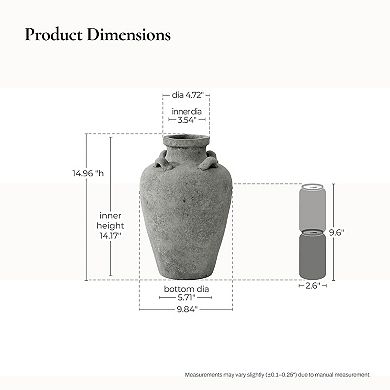 LuxenHome Rustic Antiqued Gray 15-Inch Tall Round Terracotta Urn Vase