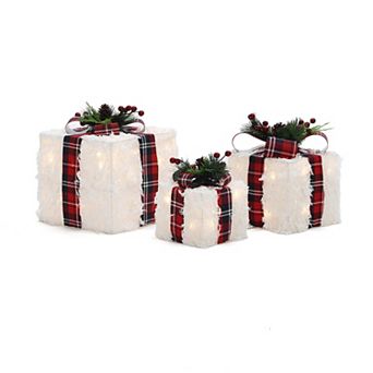 LuxenHome 3 pc Lighted White Gift Box Set with Plaid Ribbon, Christmas Holiday Decoration