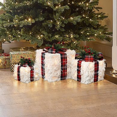 LuxenHome 3-Pc Lighted White Gift Box Set with Plaid Ribbon, Christmas Holiday Decoration