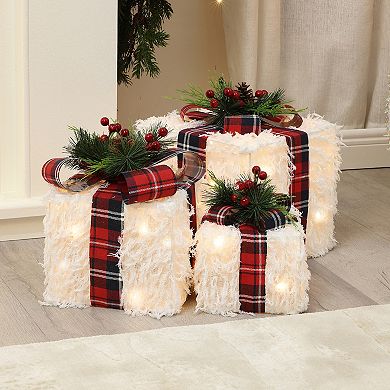 LuxenHome 3-Pc Lighted White Gift Box Set with Plaid Ribbon, Christmas Holiday Decoration