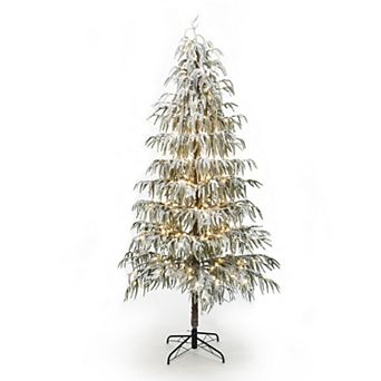 LuxenHome 7.5Ft Pre-Lit Snowy Branches Slim Artificial Cedar Christmas Tree with Metal Stand