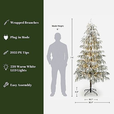 LuxenHome 7.5Ft Pre-Lit Snowy Branches Slim Artificial Cedar Christmas Tree with Metal Stand