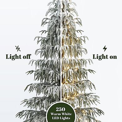 LuxenHome 7.5Ft Pre-Lit Snowy Branches Slim Artificial Cedar Christmas Tree with Metal Stand