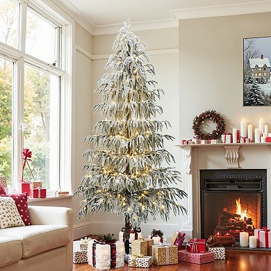 LuxenHome 7.5Ft Pre-Lit Snowy Branches Slim Artificial Cedar Christmas Tree with Metal Stand