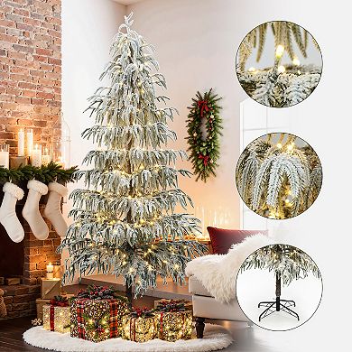 LuxenHome 7.5Ft Pre-Lit Snowy Branches Slim Artificial Cedar Christmas Tree with Metal Stand