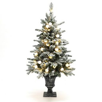 LuxenHome 4Ft Pre-Lit Snow-Flocked Artificial Christmas Tree in Brushed Silver Urn Pot