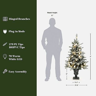 LuxenHome 4Ft Pre-Lit Snow-Flocked Artificial Christmas Tree in Brushed Silver Urn Pot