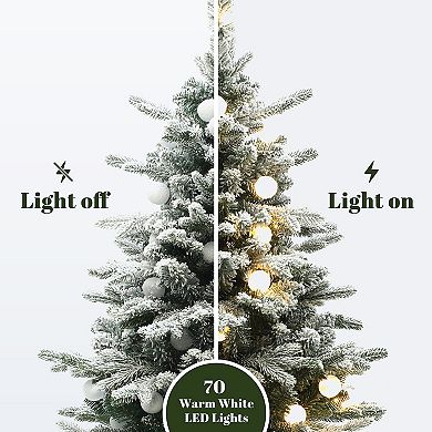 LuxenHome 4Ft Pre-Lit Snow-Flocked Artificial Christmas Tree in Brushed Silver Urn Pot